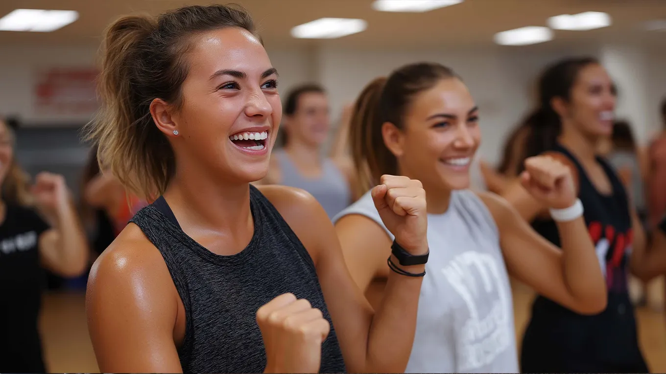 Group fitness class at Vickery's Sweat Shop, showcasing diverse participants and a qualified instructor in an energetic workout session