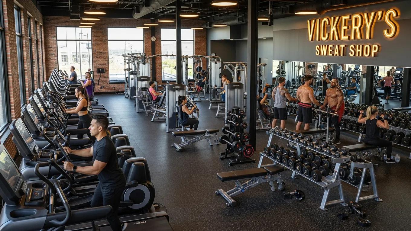 State-of-the-art gym equipment at Vickery's Sweat Shop, showcasing modern fitness facilities and active members