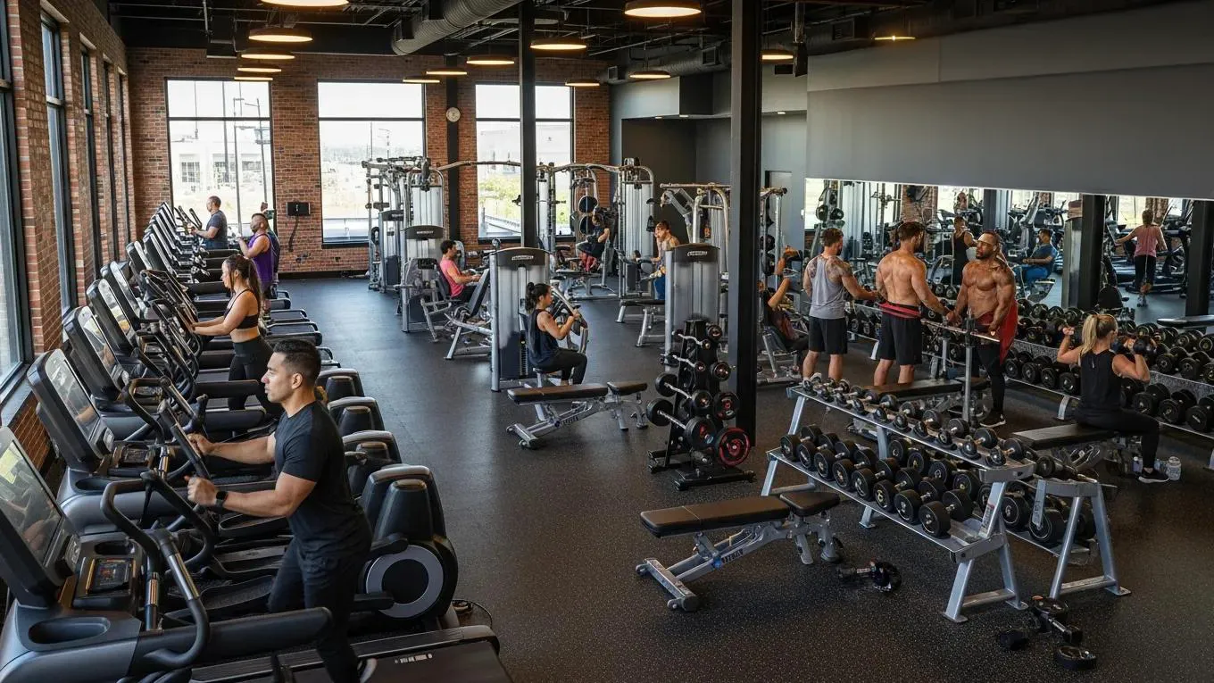 State-of-the-art gym equipment at Vickery's Sweat Shop, showcasing modern fitness facilities and active members