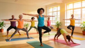 Group practicing Yogalates in a bright studio, showcasing the fusion of Pilates and yoga
