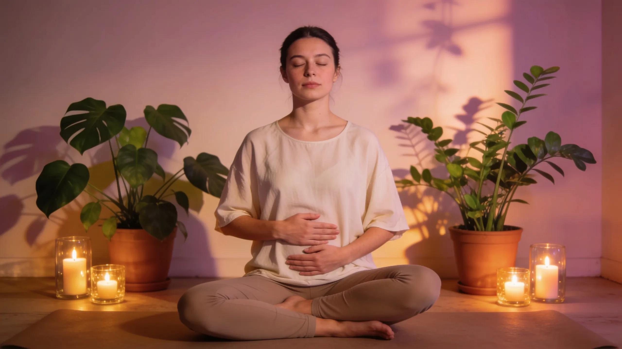 Student practicing mindfulness and breathing in a calming Yogalates environment