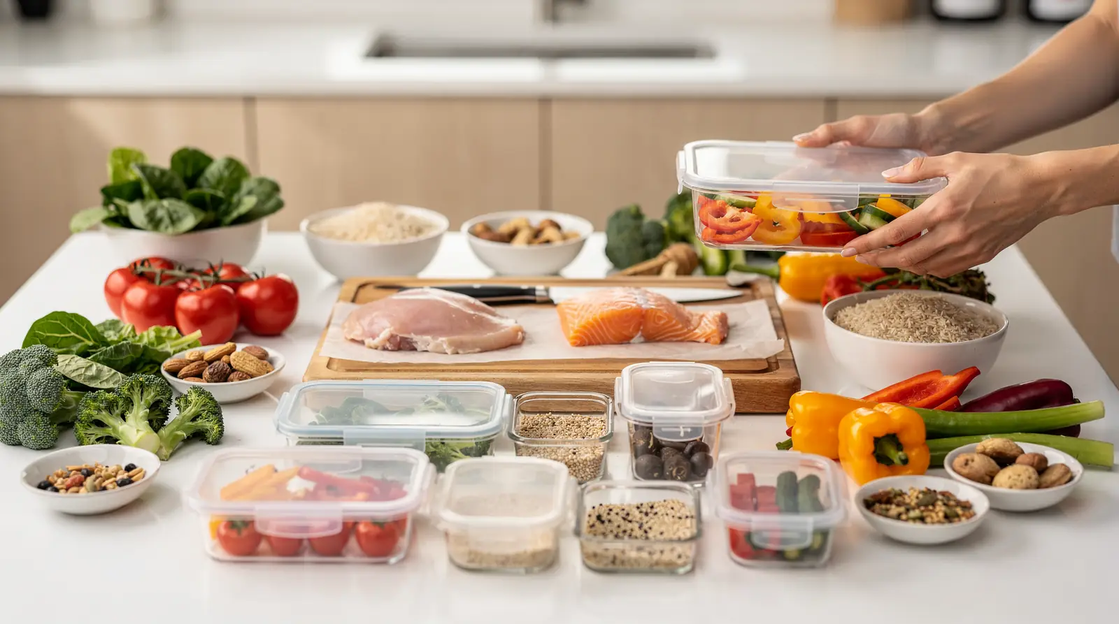 Food scale and storage containers set up for a meal prep session